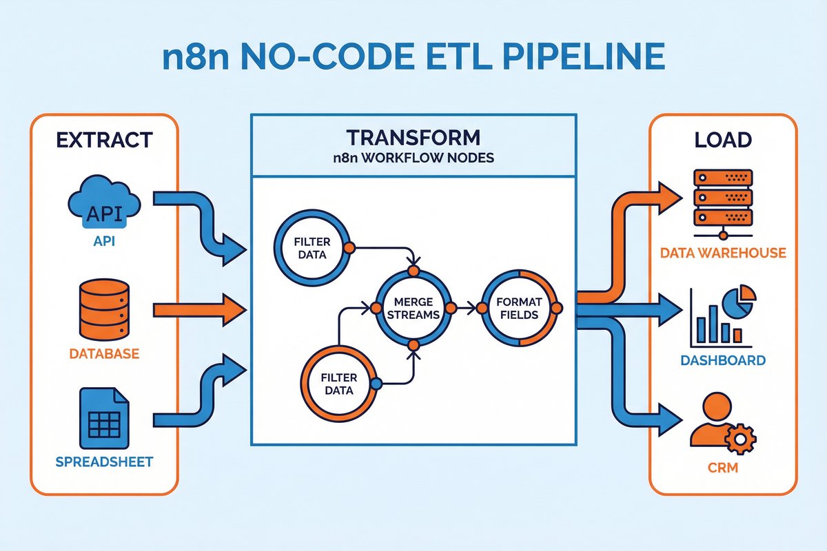 n8nのワークフロー上でデータが変換されていくイメージ